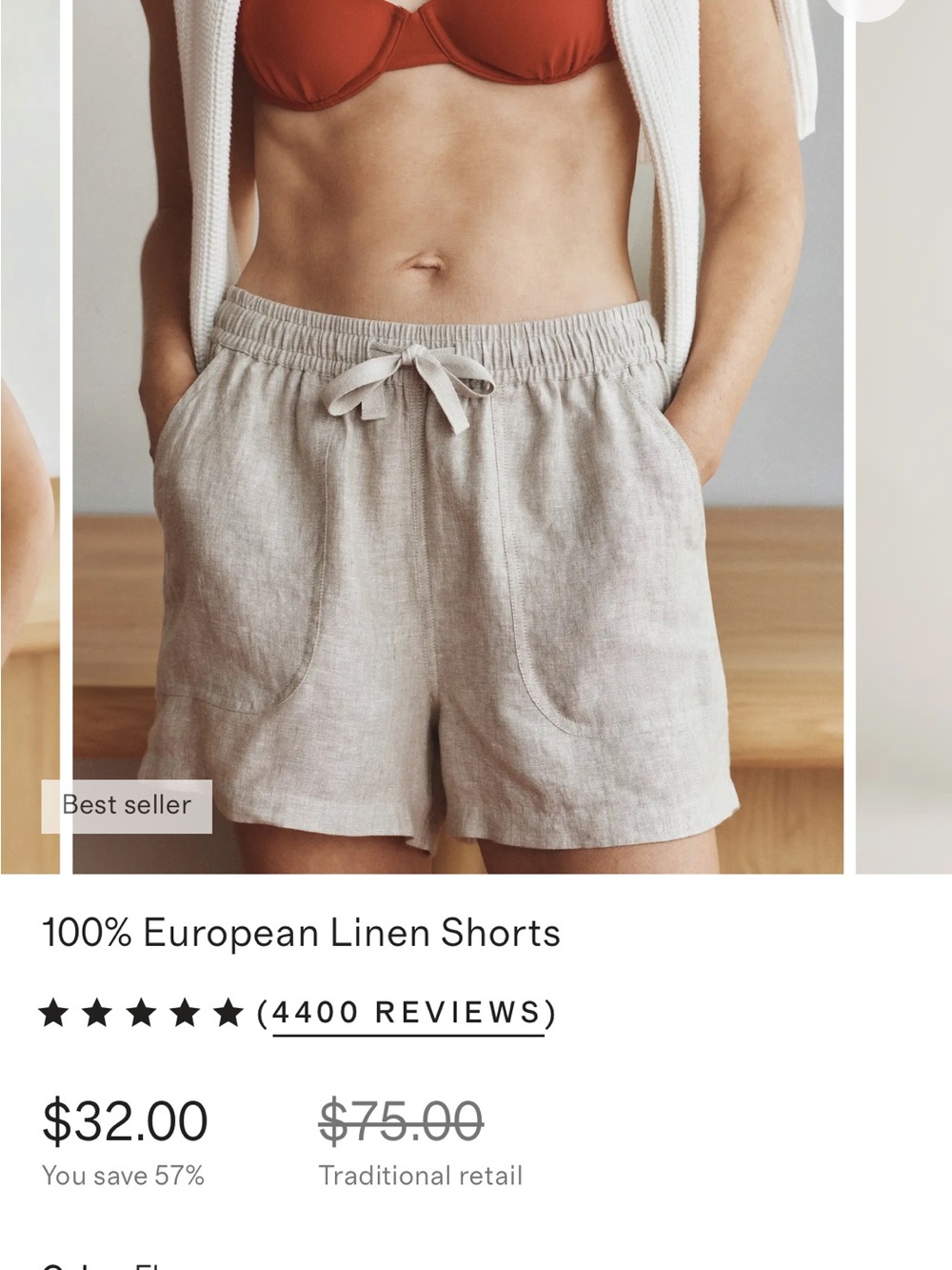 Quince Natural Beige High-Waist Linen Drawstring Shorts